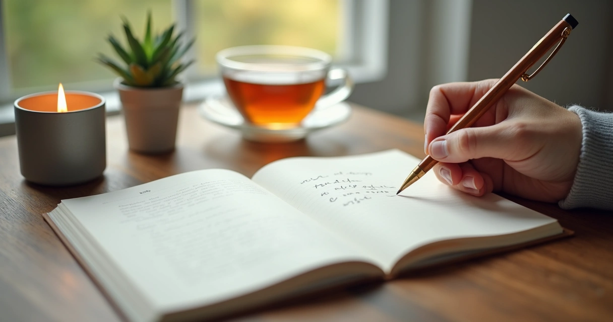 Pessoa escrevendo em diário de meditação com caneta sobre mesa de madeira 