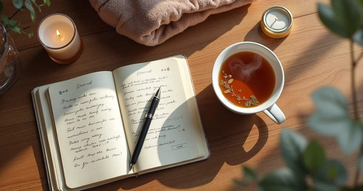 Caderno aberto com chá ao lado em momento de autocuidado