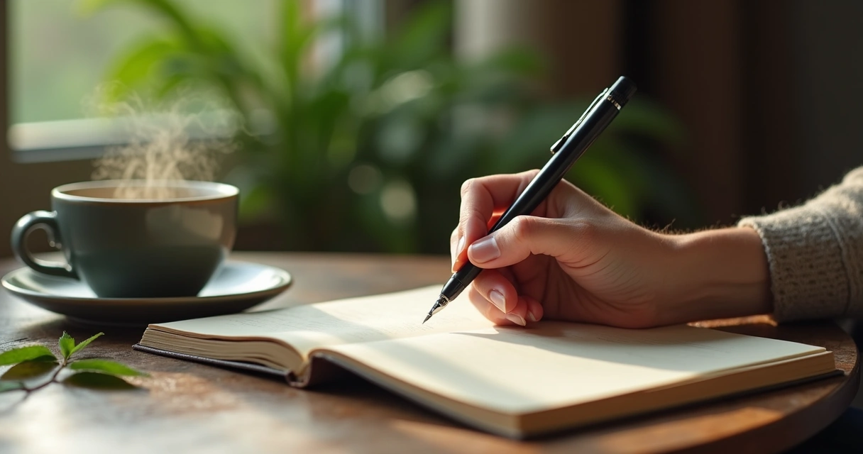 Mano escribiendo en un diario sobre meditación junto a una taza de té 