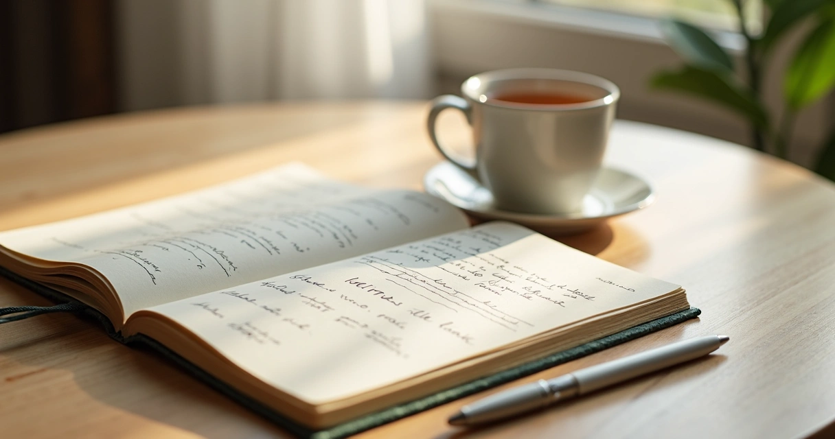 Diario de meditación manuscrito sobre mesa de madera clara 