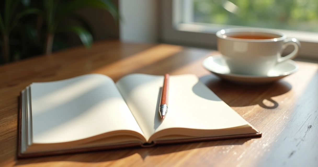 Caderno aberto sobre mesa com lápis ao lado, ambiente calmo e minimalista