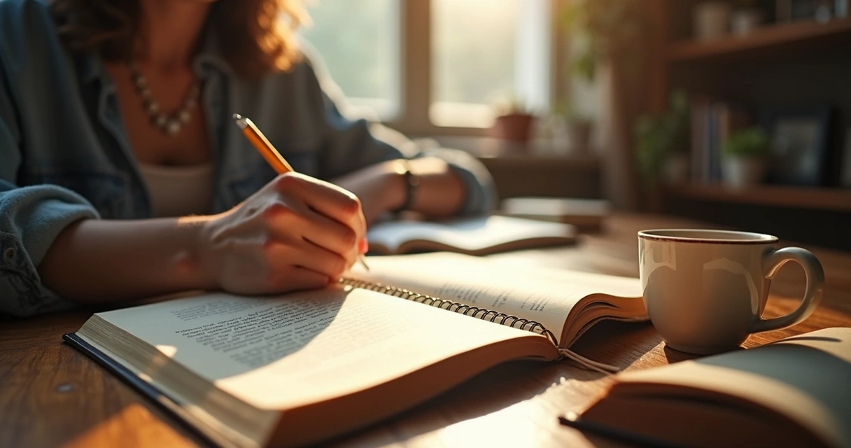Persona escribiendo en un diario rodeada de libros y una taza caliente 
