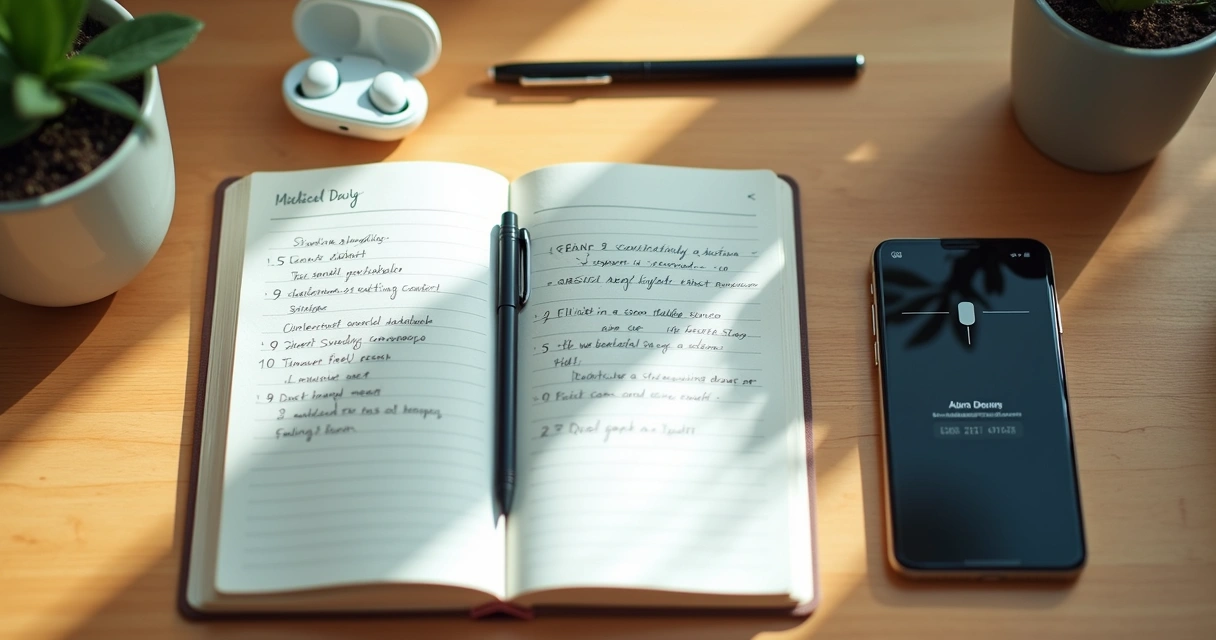 Mesa com diário, celular, caneta e fone de ouvido 