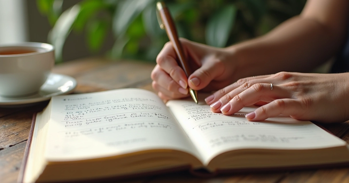 Mano escribiendo en diario de metas de crecimiento personal