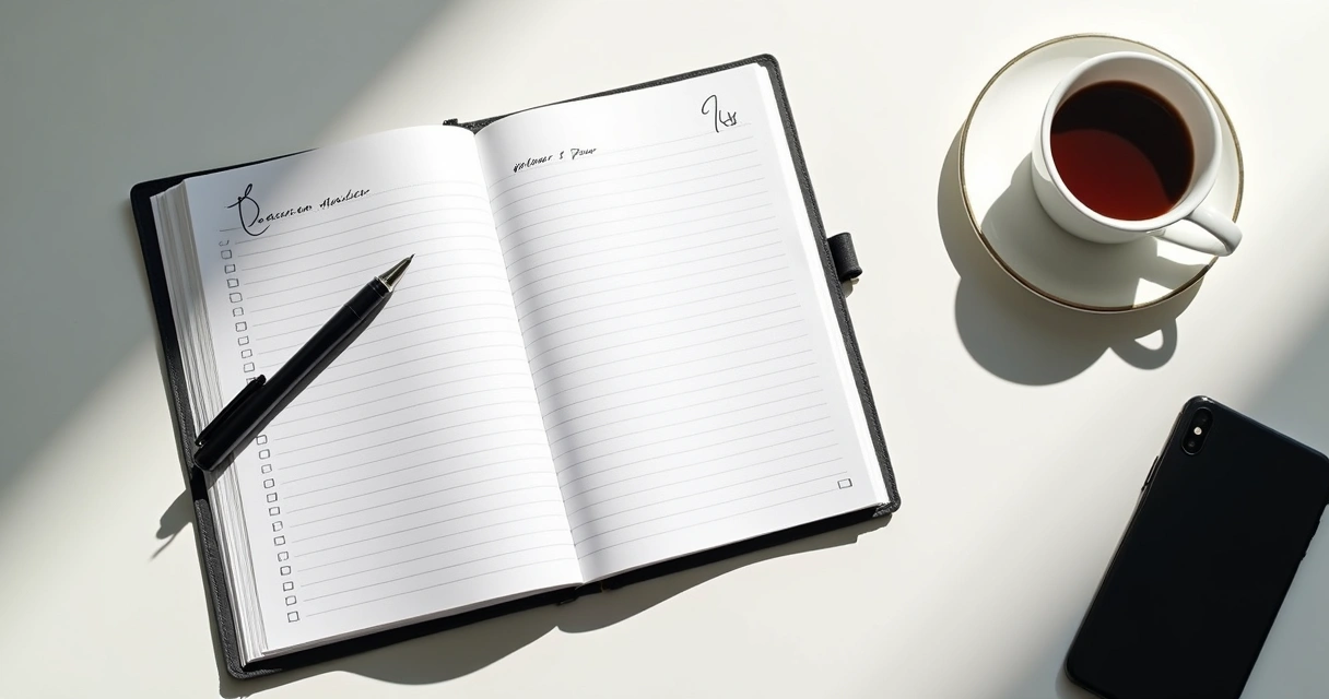 Estudante anotando tópicos em um diário com layout minimalista 