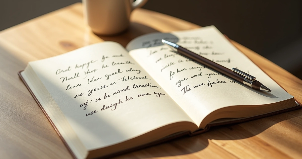Caderno aberto com anotações de gratidão ao lado de caneta sobre mesa de madeira clara 