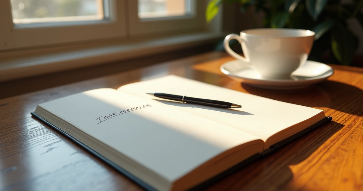 Caderno de anotações aberto com caneta e xícara de chá sobre mesa de madeira