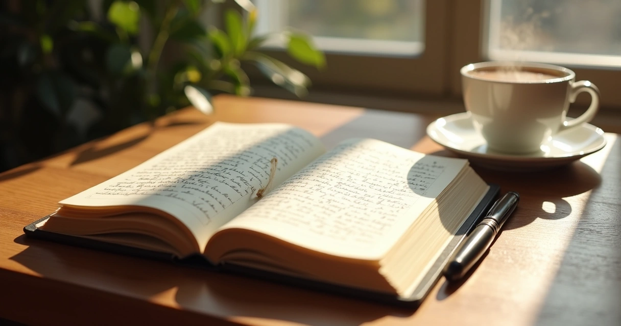 Diario abierto sobre mesa de madera con bolígrafo y taza de té al lado 