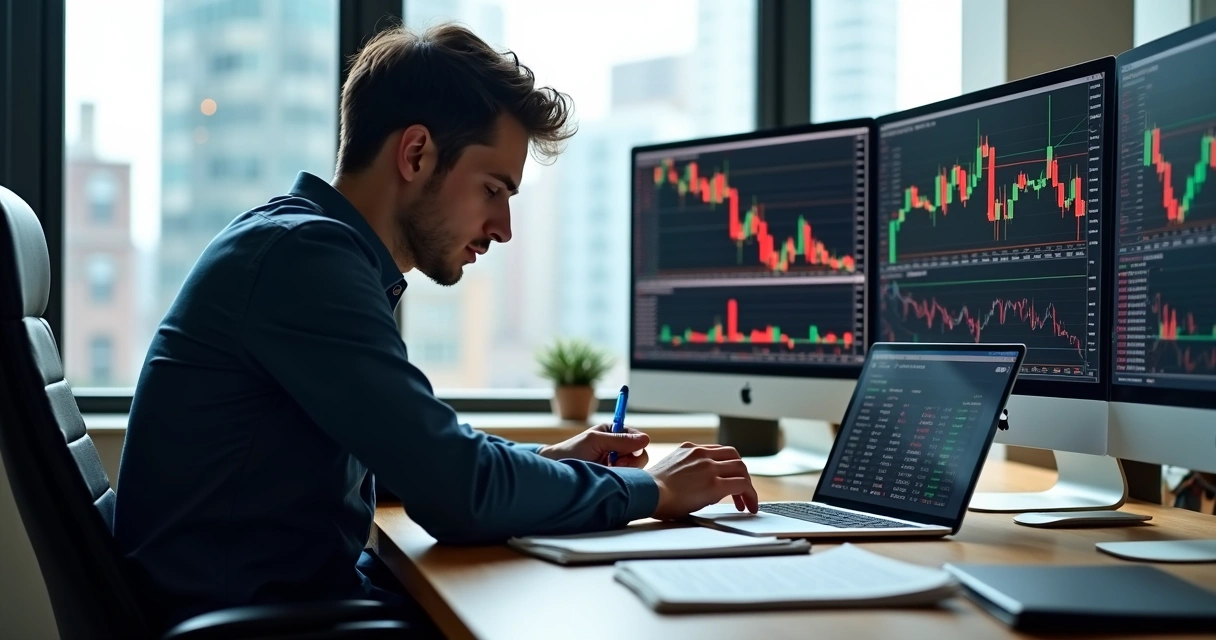 Trader analyzing their trading journal in front of several market charts 