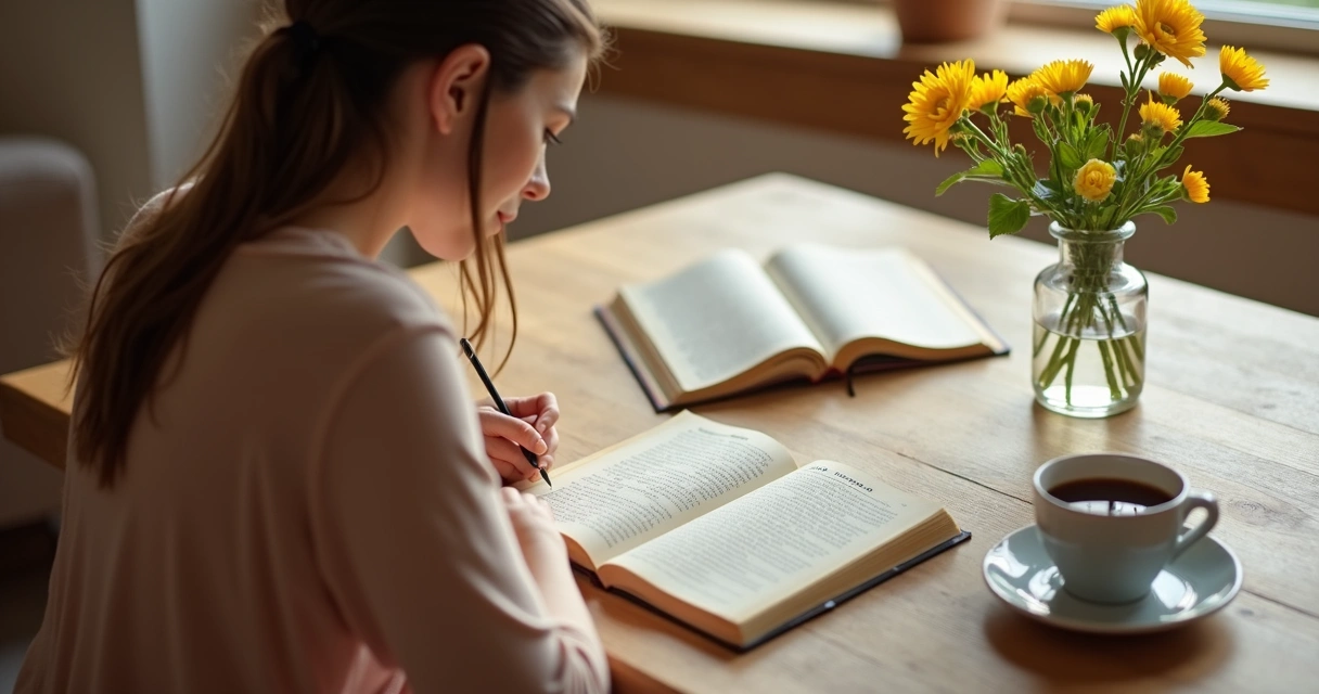 Mulher escrevendo diário de oração ao lado de livro devocional e caneca de café 