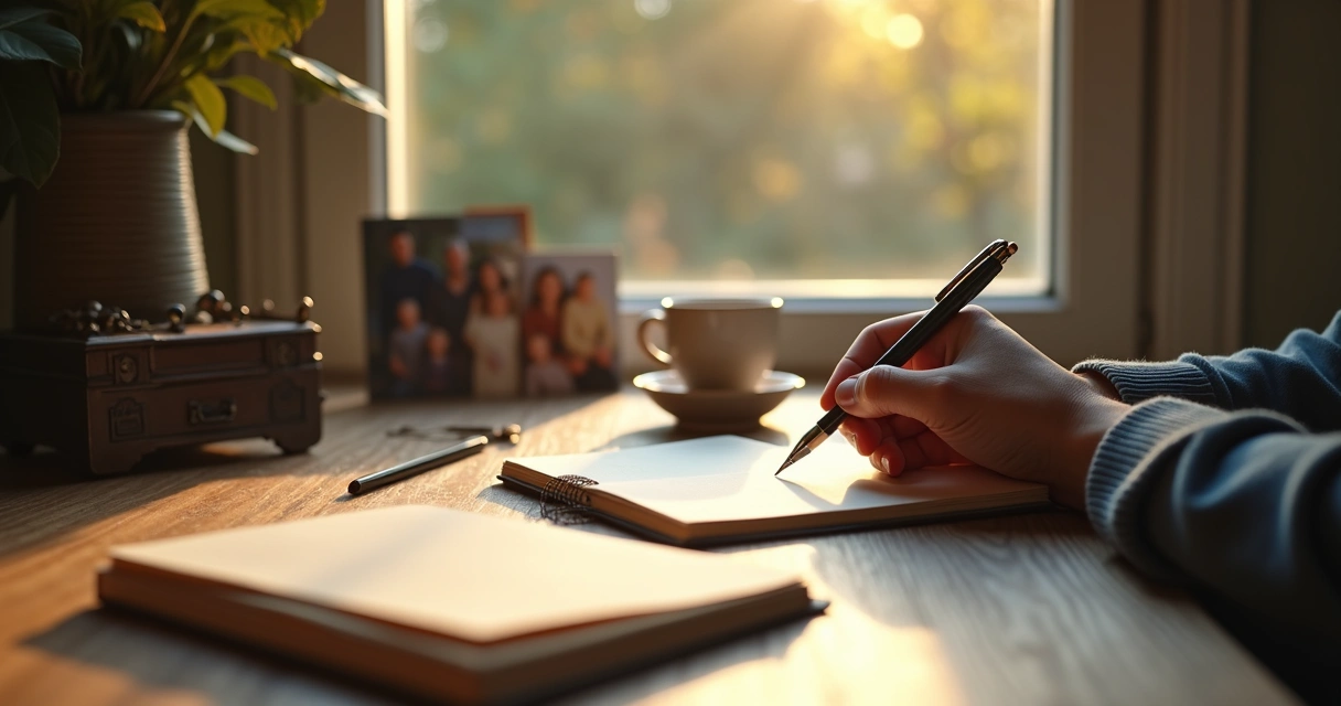 Pessoa escreve em diário, reflexo de janela com árvore ao fundo 