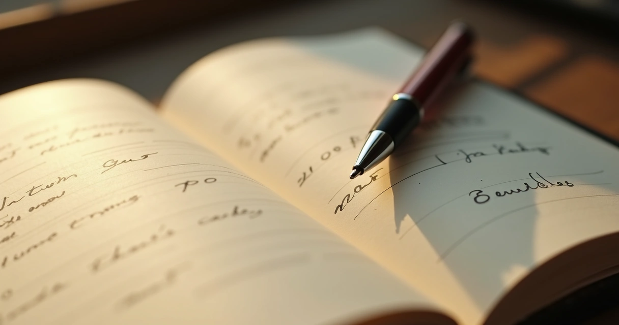 Diário aberto com páginas escritas à mão, iluminado por luz suave