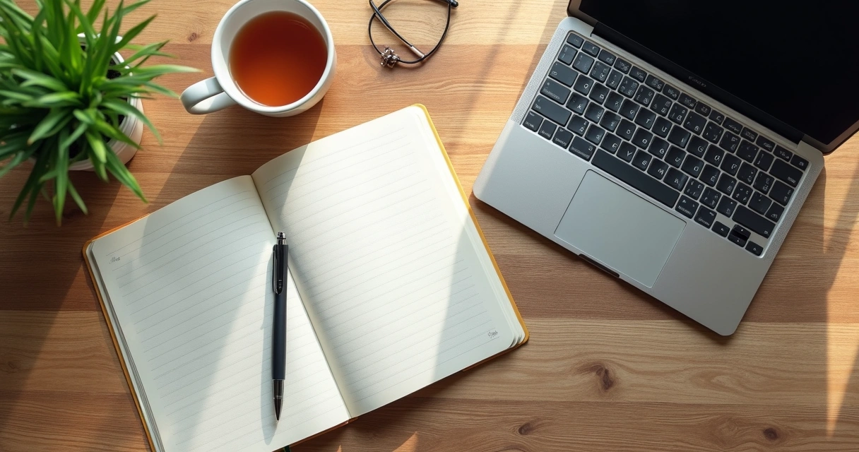 Caderno aberto com caneta ao lado de notebook em mesa de madeira