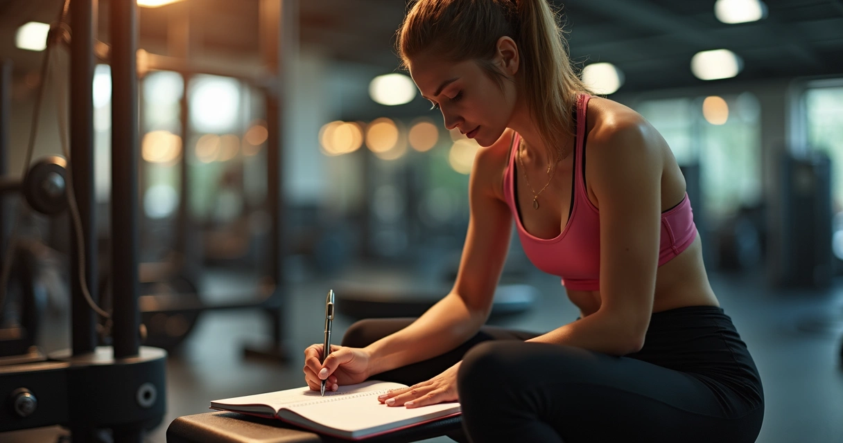 Mulher escrevendo treino em diário de papel na academia 