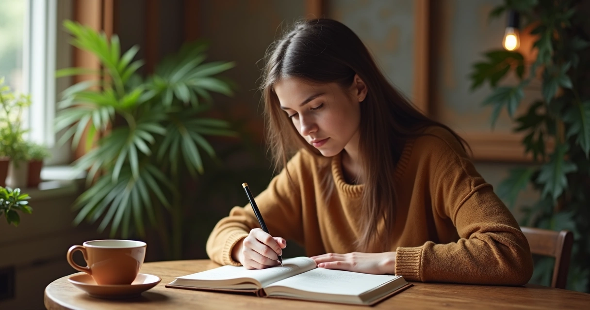 Pessoa escrevendo em um diário sentado à mesa
