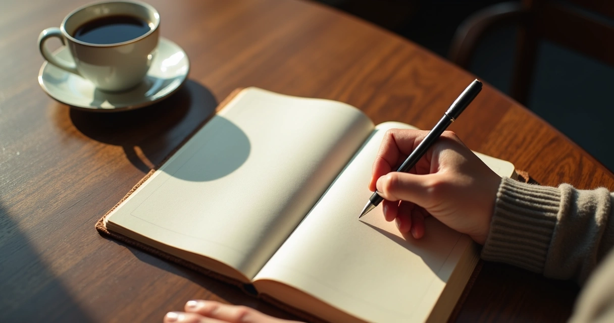 Manos escribiendo en un diario con taza de café cerca 
