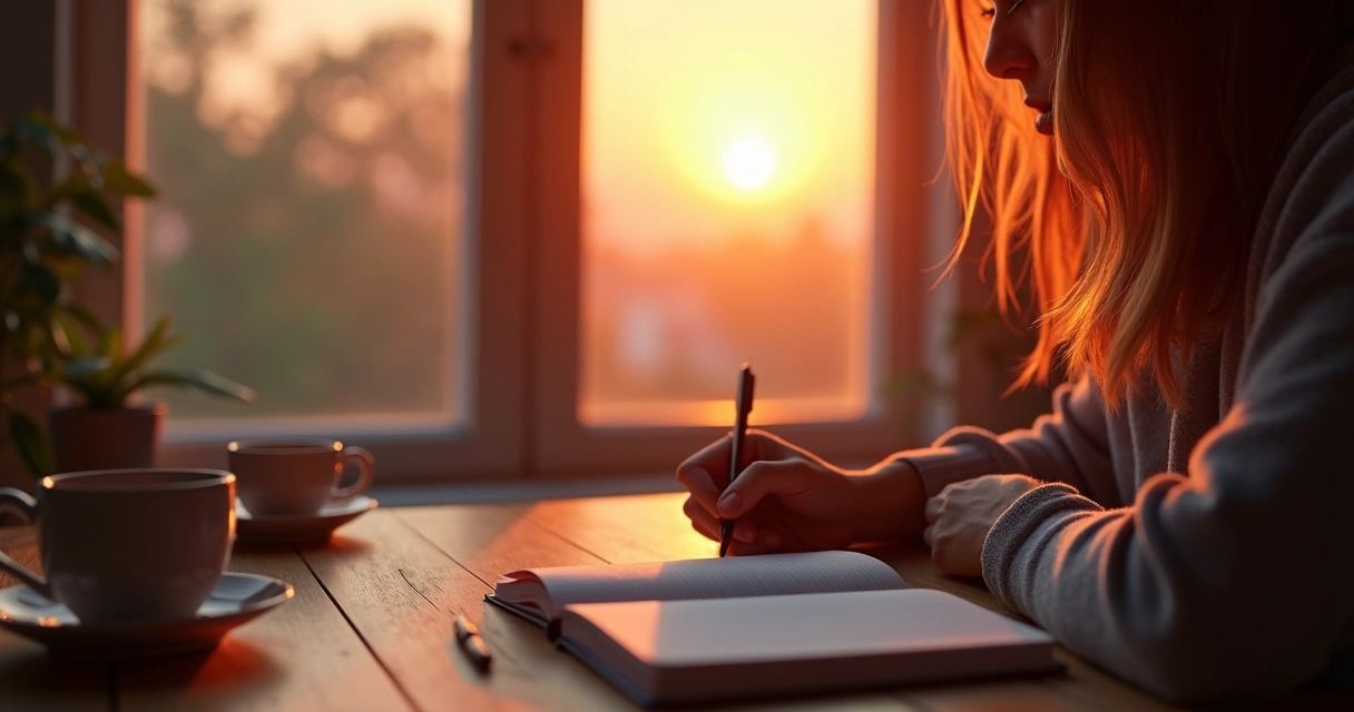 Persona escribiendo en un diario personal mientras reflexiona al atardecer 