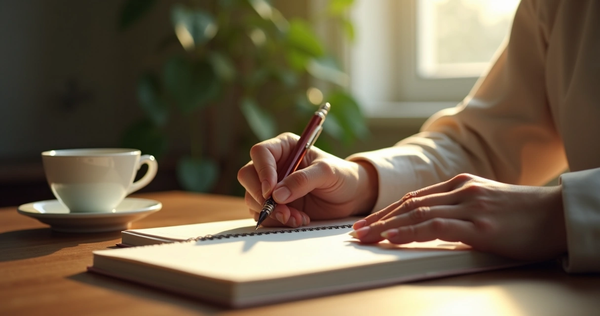 Manos escribiendo en un diario personal sobre una mesa de madera 
