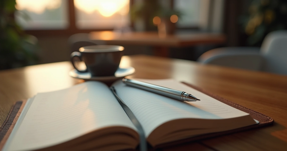 Diario abierto sobre una mesa limpia, pluma y taza de café. 