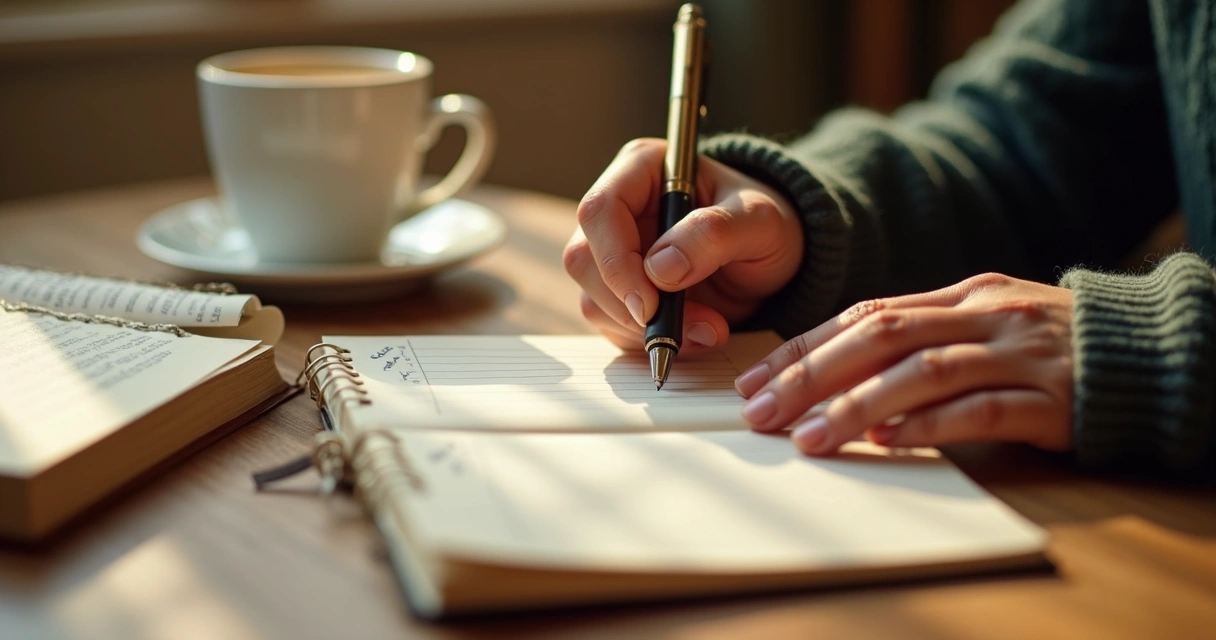 Pessoa escrevendo em diário sentado à mesa 