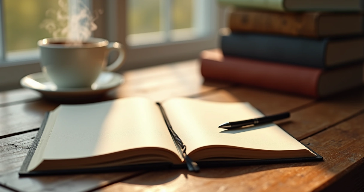 Caderno de anotações aberto com caneta, uma xícara de café e livros ao redor em mesa de madeira