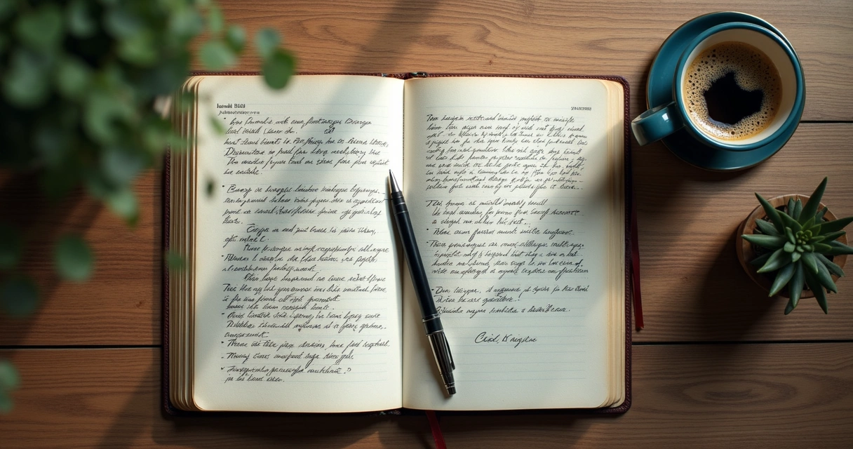 Diario abierto con notas filosóficas y bolígrafo junto a taza de café 