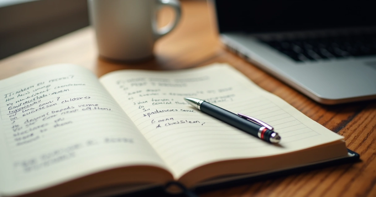 Cuaderno abierto con una lista escrita de preguntas para la autoconciencia con un bolígrafo y una taza de café al lado