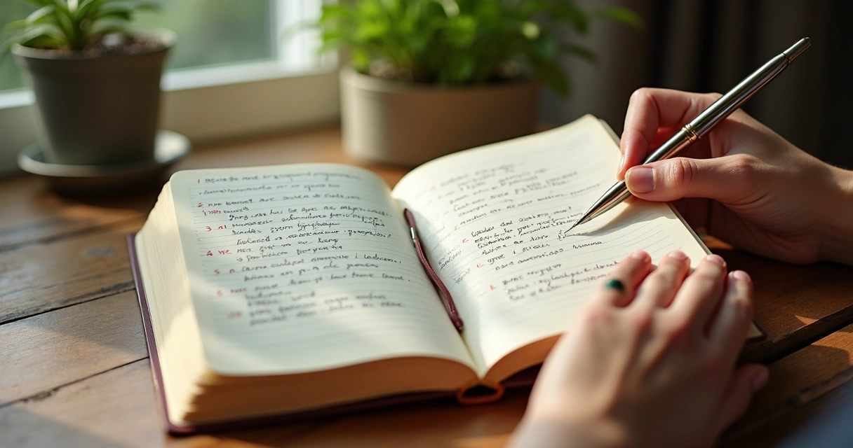 Mano sosteniendo un diario escrito con preguntas de reflexión diarias 