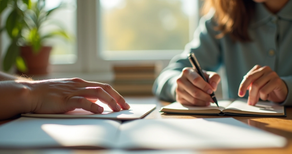 Pessoa escrevendo em diário com expressão reflexiva 