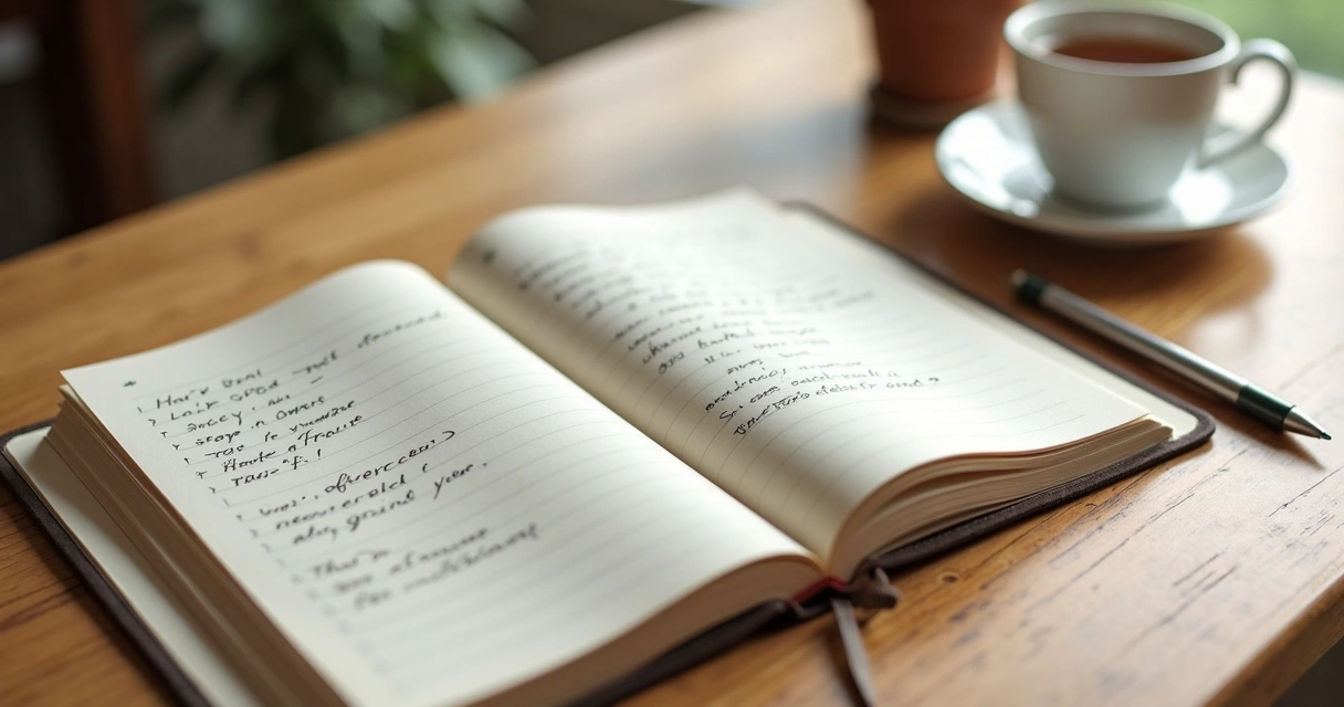 Caderno com anotações, uma xícara de chá e uma caneta sobre uma mesa de madeira clara 