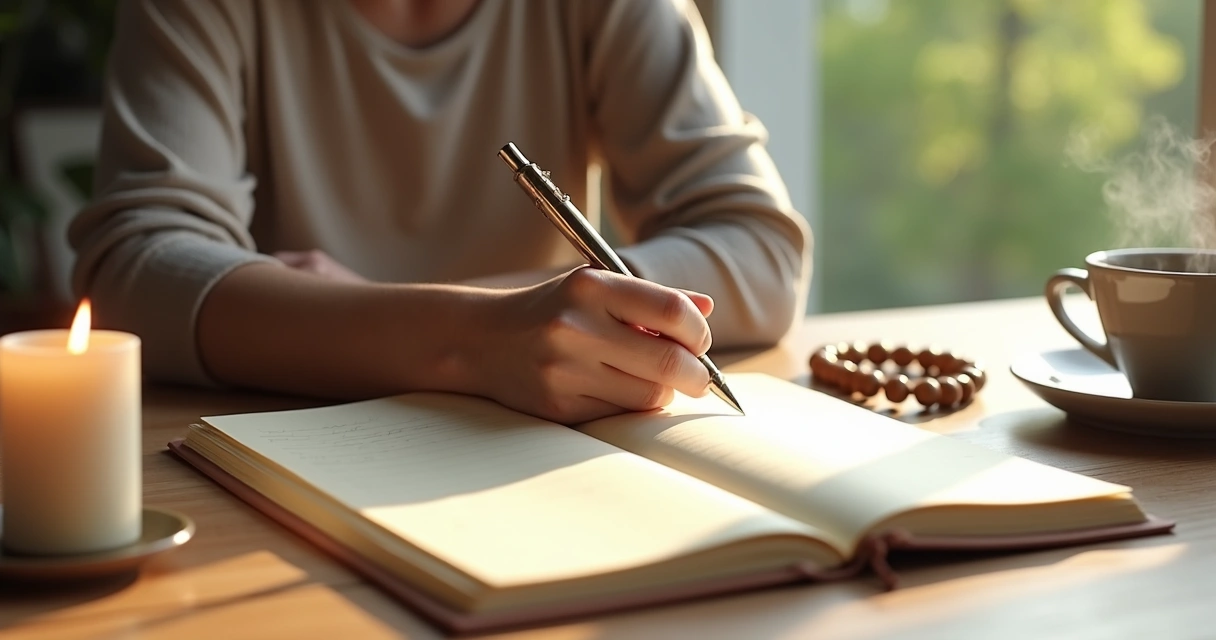 Pessoa escrevendo em diário de propósito ao lado de vela e xícara de chá 