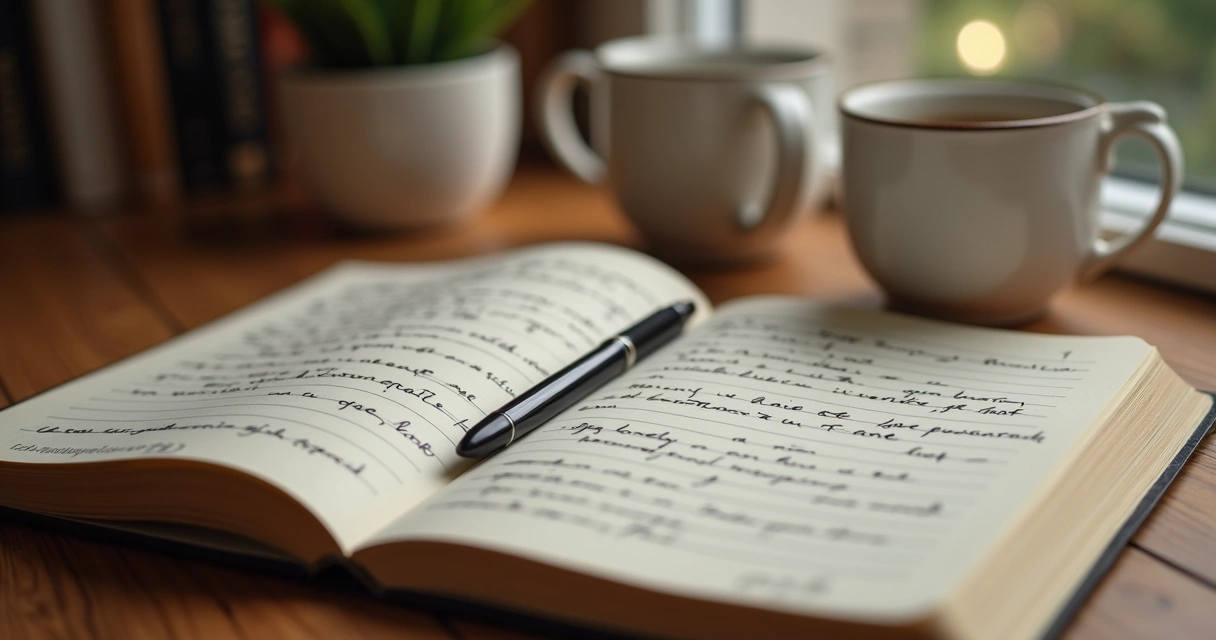 Cuaderno abierto con notas escritas y bolígrafo encima