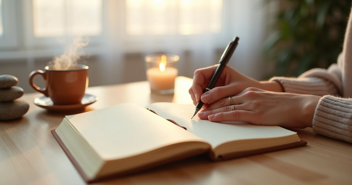 Persona escribiendo en un diario junto a una vela encendida y una taza en un entorno sereno 