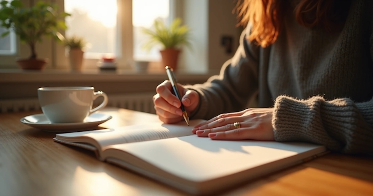 Pessoa escrevendo reflexões em um diário em uma mesa de madeira 