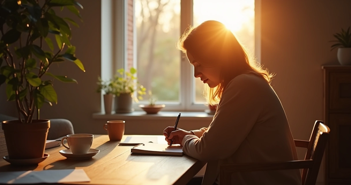 Pessoa adulta escrevendo em diário de reflexão matinal ao lado de uma janela 
