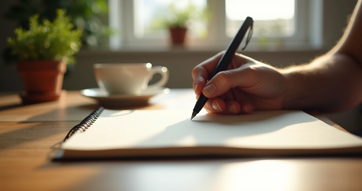 Pessoa escrevendo em diário reflexivo com caneta em mesa de madeira 
