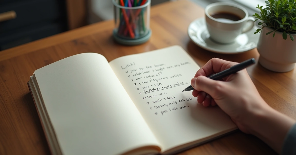 Pessoa escrevendo reflexões em diário aberto sobre mesa de madeira 
