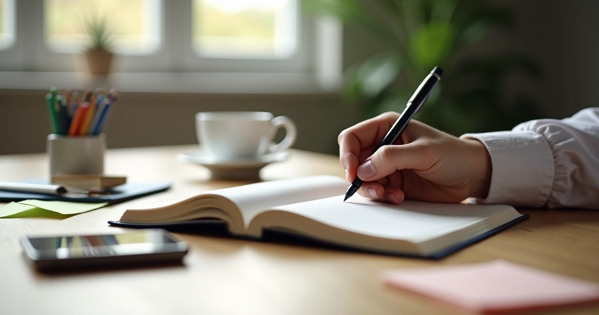 Diário de reflexão com caneta e xícara de café em mesa de escritório 