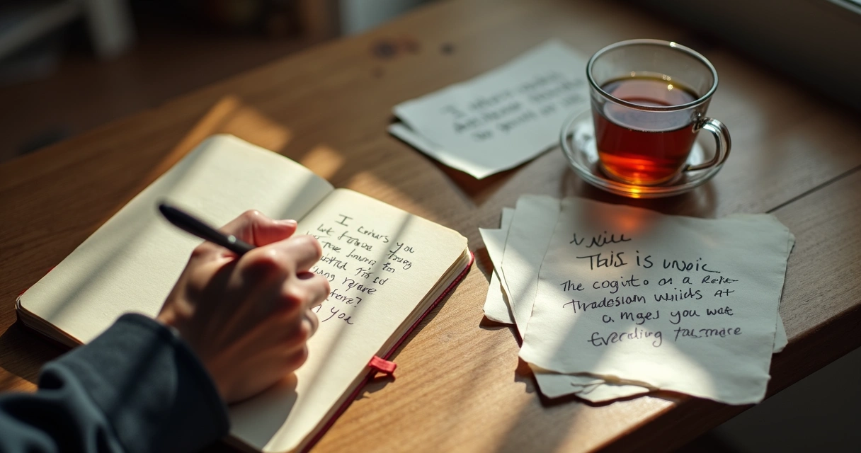 Mão escrevendo em diário com xícara ao lado 