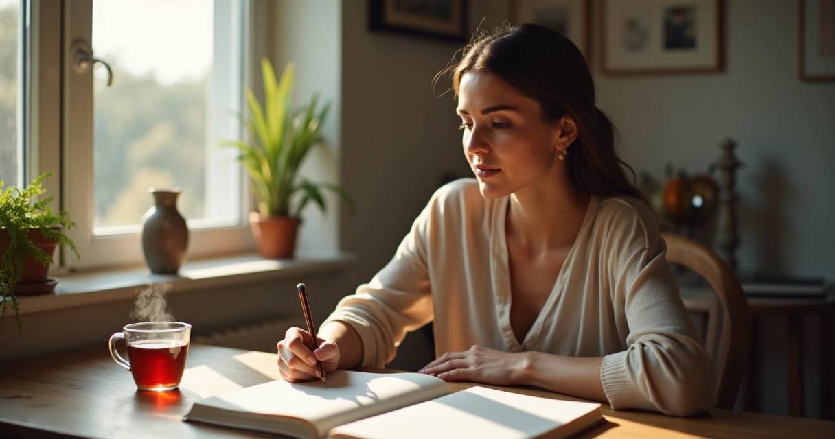 Pessoa escrevendo em diário sobre emoções 