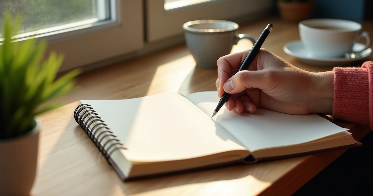 Pessoa escrevendo em diário em mesa iluminada com caneta. 