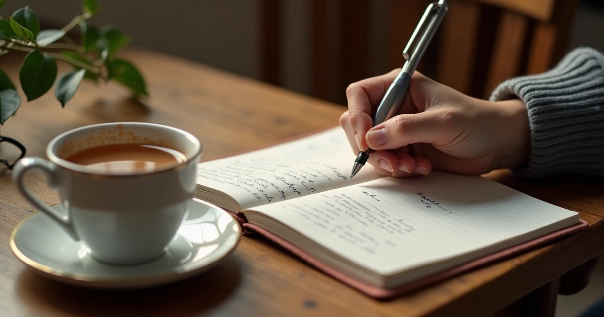 Pessoa escrevendo diário de hábitos em uma mesa clara