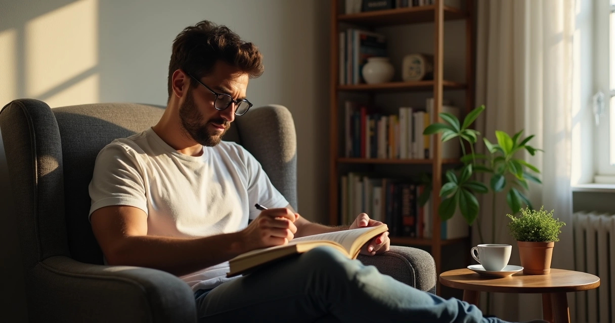 Homem sentado em cadeira, escrevendo em diário, ambiente tranquilo e silencioso 