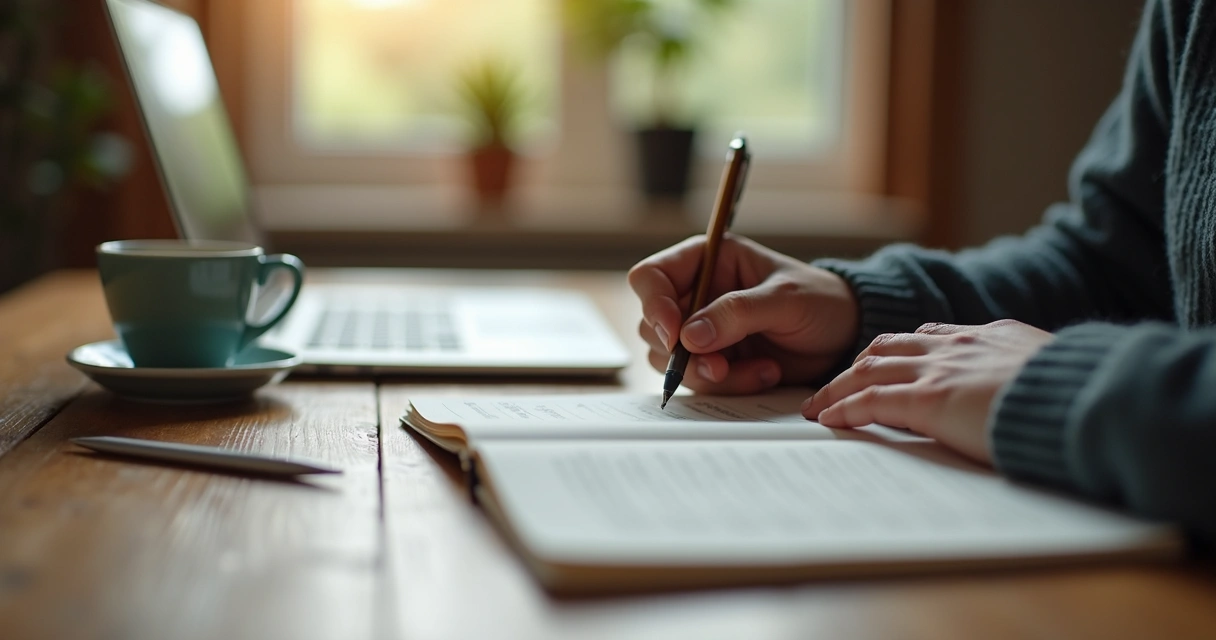 Mão de uma pessoa escrevendo reflexões em diário sobre mesa de trabalho