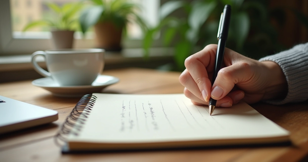 Pessoa escrevendo em diário sobre sentimentos com luz natural ao fundo. 
