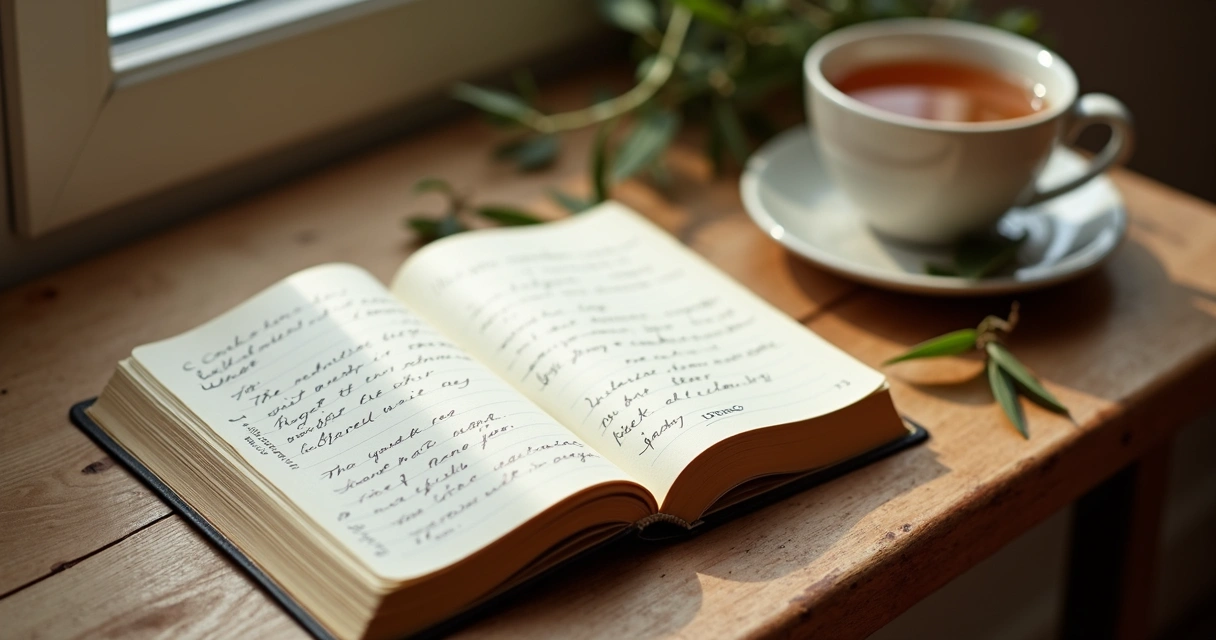 Diário aberto com anotações manuscritas ao lado de uma xícara e folhas secas 