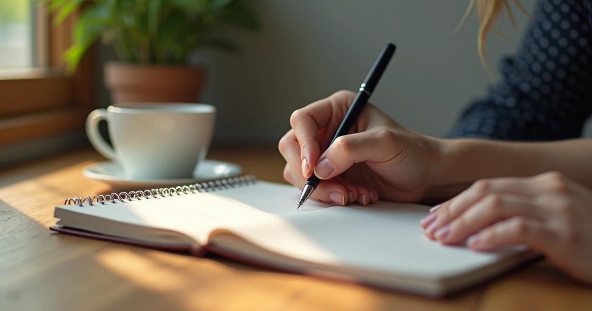 Pessoa escrevendo em diário de reflexão com caneta sobre mesa de madeira 