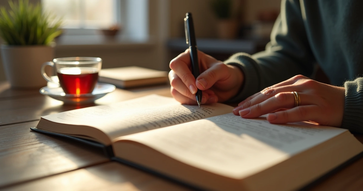 Pessoa escrevendo em diário em mesa de madeira com luz suave 