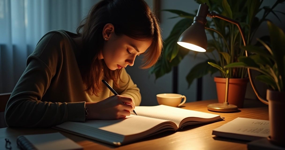 Pessoa escrevendo em diário no fim do dia, com luz suave de abajur. 