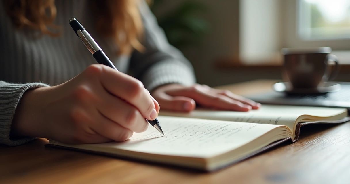 Mão escrevendo em diário em mesa de madeira